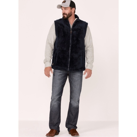 MOONSHINE SPIRIT • Men’s Navy Blue Kern Valley Fur Zip-Front Fleece Vest - Picture 2 of 7